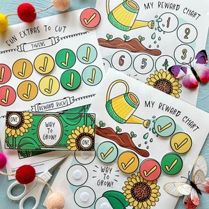 Kids Reward Chart Kit, Play Money Bucks Coupon & Tokens, Gardening Chores Tracker, Growing Watering Plants Homeschool Preschool Learning Set