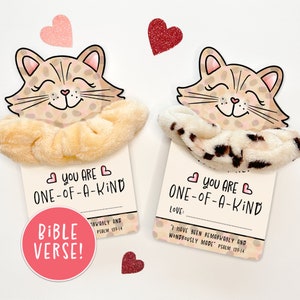 Tabby Cat Scrunchie Valentinstag Karte für Kinder, Christlicher Bibelvers, Schulklasse Party Geschenk, Catful Catlady, schrulliges süßes Mädchen, Haargummi