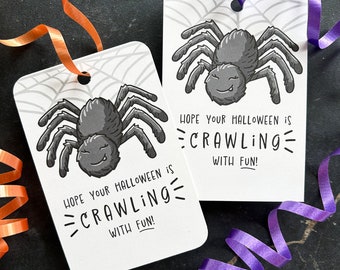 Printable Spider Halloween Tag, Crawling with Fun Trick or Treat Gift Tags, School Party Favor Card, Cute Non-Scary Alternative, Hand Drawn
