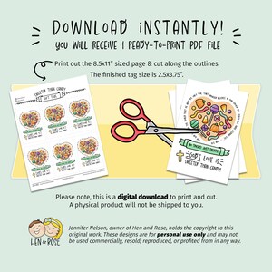 May include: A digital download featuring printable gift tags with candy-themed designs. The tags include the text "Sweeter Than Candy" and "God's Love is Sweeter Than Candy!" A pair of red scissors is also included in the image.