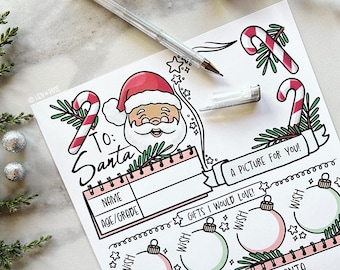 Op de afbeelding: Een wit papieren briefsjabloon voor de Kerstman met een kleurrijke illustratie van de Kerstman, zuurstokken en kerstballen. De tekst bevat To: Santa, A PICTURE FOR YOU!, NAME, AGE/GRADE, GIFTS I WOULD LOVE!, WISH en DEAR SANTA, I HAVE BEEN:.