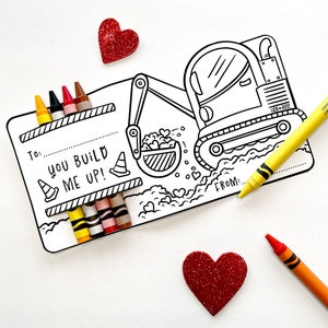 Bouwkleurkaart voor kinderen, schattige NonCandy Valentijn voor klasuitwisseling, verjaardagsfeestje voor jongen, Digger Truck Preschool Gift Tag