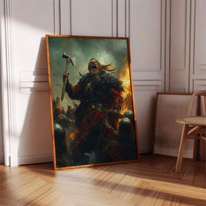 May include: A painting of a Viking warrior with a beard and a horned helmet, holding an axe and leading a group of warriors into battle. The scene is set against a backdrop of fire and smoke.