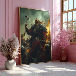 May include: A digital painting of a Viking warrior with a beard and a horned helmet, holding an axe and wearing a red and black tunic. He is surrounded by other warriors in the background.