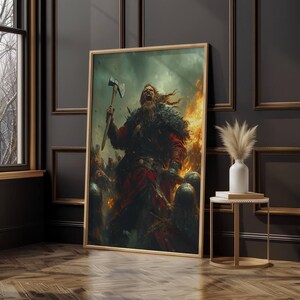 May include: A digital painting of a Viking warrior with a beard and long hair, wearing a red and black tunic and holding an axe. He is surrounded by other warriors in the background.