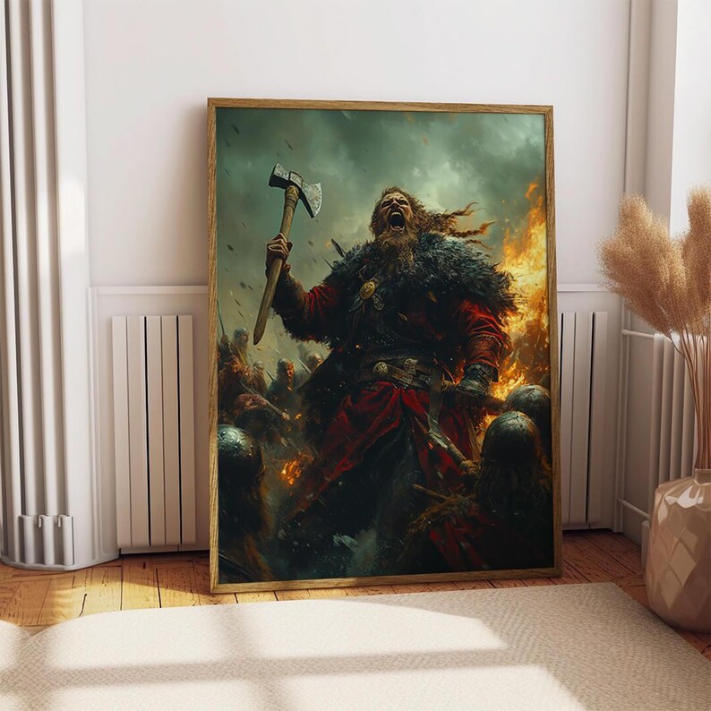 May include: A painting of a Viking warrior with a beard and a horned helmet, holding an axe and standing in front of a burning village. The warrior is wearing a red and black tunic and a fur cloak. The painting is set against a dark, stormy sky.