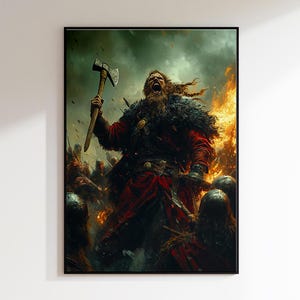 May include: A painting of a Viking warrior with a beard and a horned helmet, holding an axe and yelling. He is surrounded by other Vikings in a battle scene. The background is a dark forest with flames.