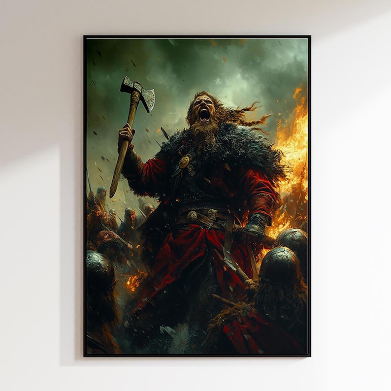 May include: A painting of a Viking warrior with a beard and a horned helmet, holding an axe and yelling. He is surrounded by other Vikings in a battle scene. The background is a dark forest with flames.