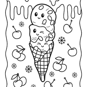 Op de afbeelding: Een zwart-witte lijntekening van een ijshoorn met twee bollen ijs, kersen en sneeuwvlokken. Het ijs heeft een schattig gezicht en is versierd met chocolade chips.