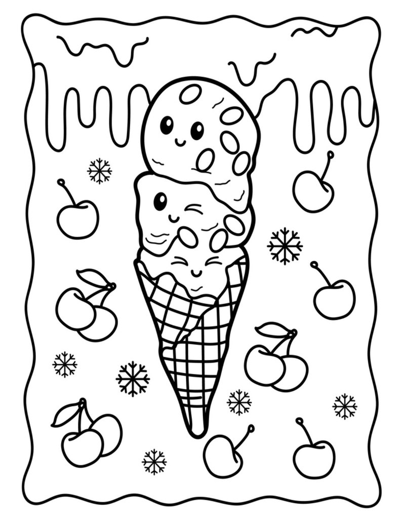 Op de afbeelding: Een zwart-witte lijntekening van een ijshoorn met twee bollen ijs, kersen en sneeuwvlokken. Het ijs heeft een schattig gezicht en is versierd met chocolade chips.
