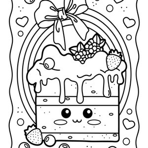 Op de afbeelding: Een zwart-witte lijntekening van een kawaii-taart met een strik, bessen en een regenboog erachter. De taart heeft een vrolijk gezicht en druipende glazuur.