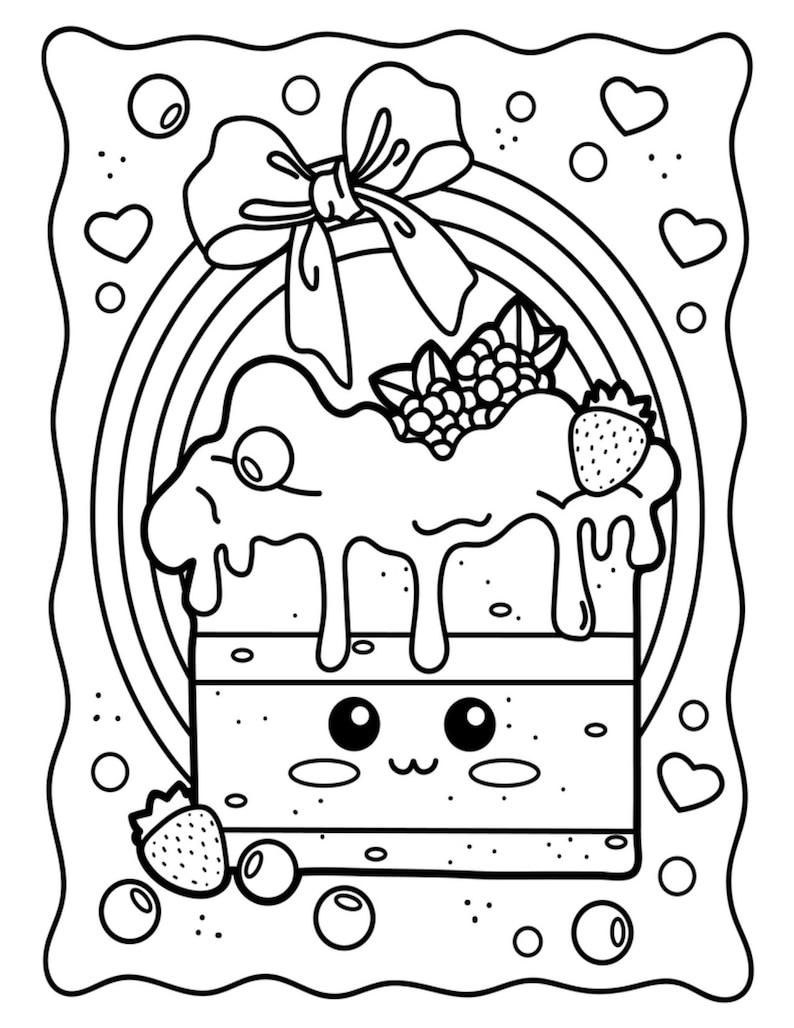 Op de afbeelding: Een zwart-witte lijntekening van een kawaii-taart met een strik, bessen en een regenboog erachter. De taart heeft een vrolijk gezicht en druipende glazuur.