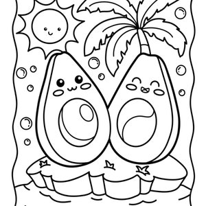 Op de afbeelding: Een zwart-witte lijntekening van twee cartoon-avocado's met glimlachende gezichten, zittend op een klein eiland met een palmboom en een zon op de achtergrond.