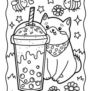 Op de afbeelding: Zwart-witte lijnillustratie van een schattige cartoonhond met een bandana, die naast een boba-thee met een rietje zit. De afbeelding is omringd door sterren, harten en bloemen.