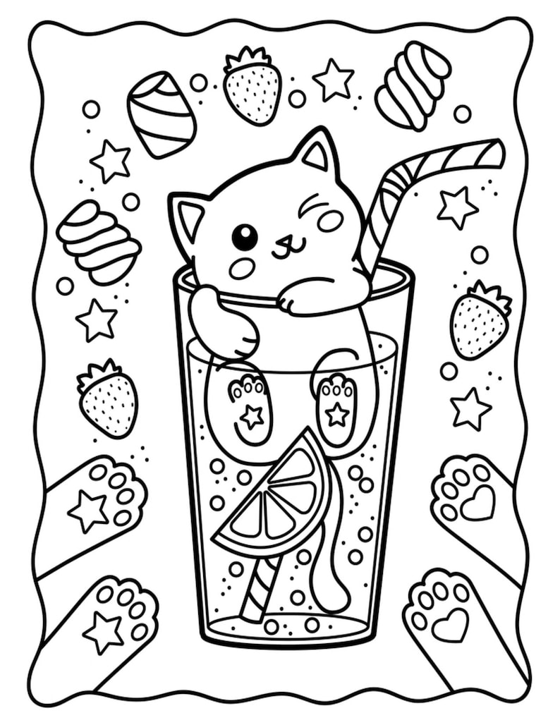 Op de afbeelding: Een zwart-witte lijntekening van een schattige cartoonkat in een glas limonade met een rietje. De kat knippert met zijn oog en heeft een gelukkige uitdrukking. Er zijn sterren, snoepjes en fruit rond het glas.