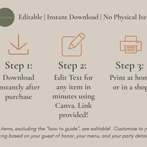 May include: A beige graphic with instructions for downloading, editing, and printing. The text includes "Editable | Instant Download | No Physical Item." Steps are outlined with icons and text: Download, Edit Text, and Print. The bottom text says, "All items, excluding the 'how to guide', are editable!"