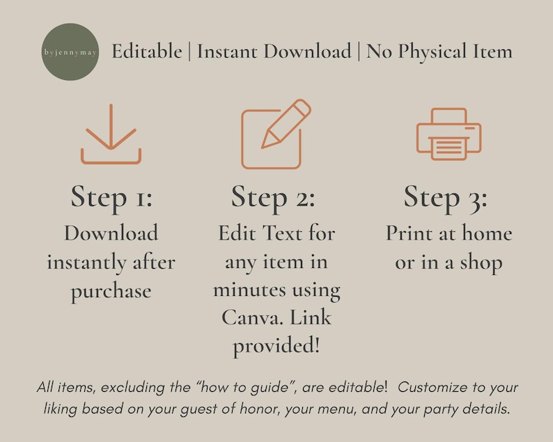 May include: A beige graphic with instructions for downloading, editing, and printing. The text includes "Editable | Instant Download | No Physical Item." Steps are outlined with icons and text: Download, Edit Text, and Print. The bottom text says, "All items, excluding the 'how to guide', are editable!"