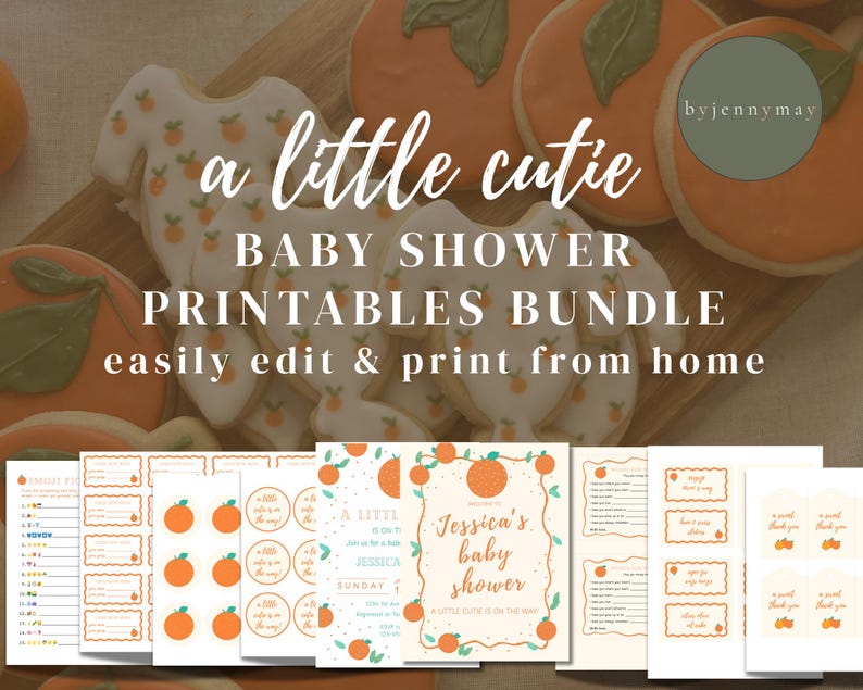Citrus Baby Shower Printables Bundle | Little Cutie Orange Party Kit | Editable Invite Games Decor | Instant Download | Gender Neutral image 1