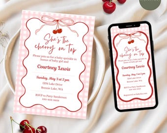 Cherry Baby Shower Invitation | She's the Cherry on Top | Girl Sprinkle Invite | Bow Gingham | Editable Canva Template | Instant Download
