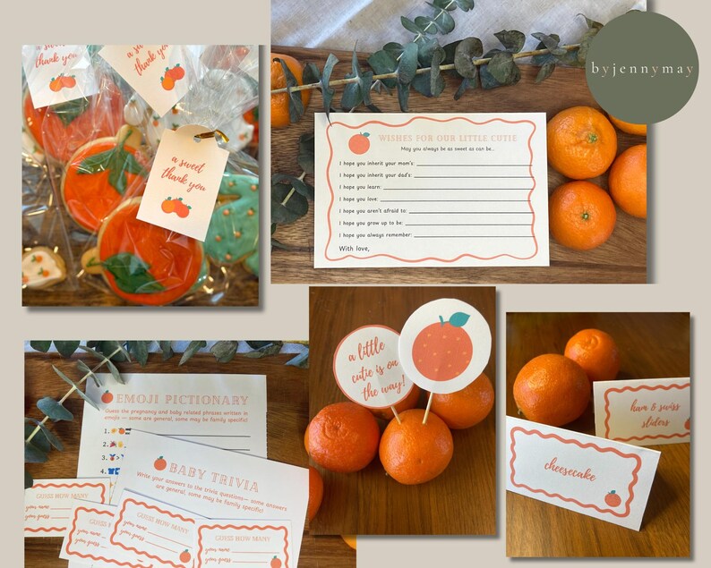 May include: A collection of baby shower items featuring orange-themed decorations and treats. The image includes cookies, cards with text, and fresh tangerines. The cards display text such as "thank you", "a sweet thank you", "Wishes for our little cutie", "Emoji Pictionary", "Baby Trivia", and "cheesecake".