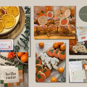 May include: A collage of party food and decorations with an orange theme. Includes a cheesecake with dried orange slices, sandwiches, cookies, oranges, napkins that say "hello cutie", and a sign that says "a little cutie is on the way!"