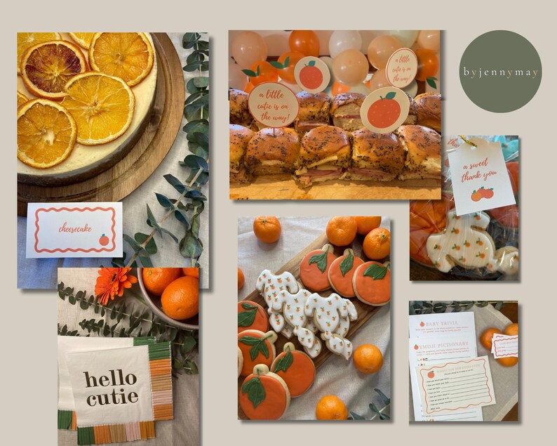 May include: A collage of party food and decorations with an orange theme. Includes a cheesecake with dried orange slices, sandwiches, cookies, oranges, napkins that say "hello cutie", and a sign that says "a little cutie is on the way!"