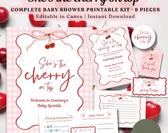 Cherry Baby Shower Kit Editable | Cherry on Top Baby Sprinkle Bundle | Welcome Sign Invitation Games Favor Tags | Printable Girl Shower Set
