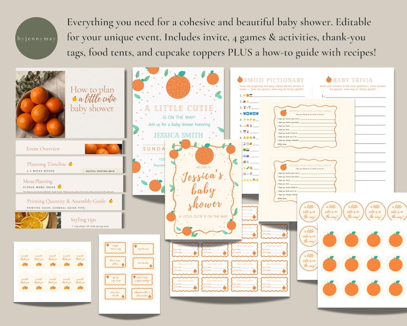 Citrus Baby Shower Printables Bundle | Little Cutie Orange Party Kit | Editable Invite Games Decor | Instant Download | Gender Neutral image 3