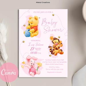 Invitation Editable Winnie the Pooh Baby Shower Invitation Template Pink for Girl Instant Download