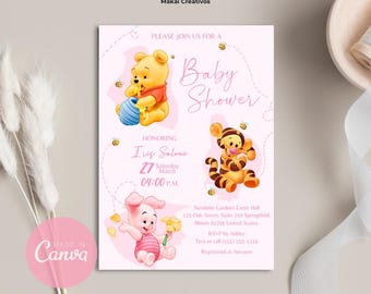 Invitation Editable Winnie the Pooh Baby Shower Invitation Template Pink for Girl Instant Download