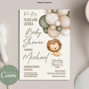 Einladung Bearbeitbare Baby Löwe Luftballons Baby Shower Einladung Vorlage Sofortiger Download