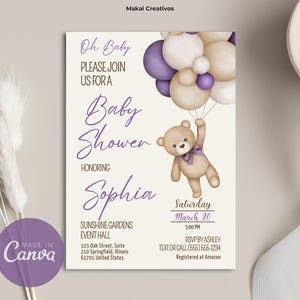 Invitation Editable Teddy Bear and Balloons Baby Shower Invitation Template Instant Download