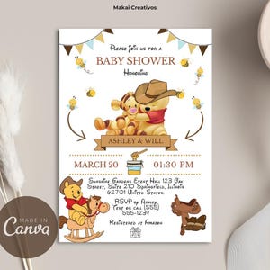 Invitación Editable para Baby Shower de Winnie the Pooh Vaquero Plantilla en Amarillo con Blanco para Niño y Niña Descarga Instantánea