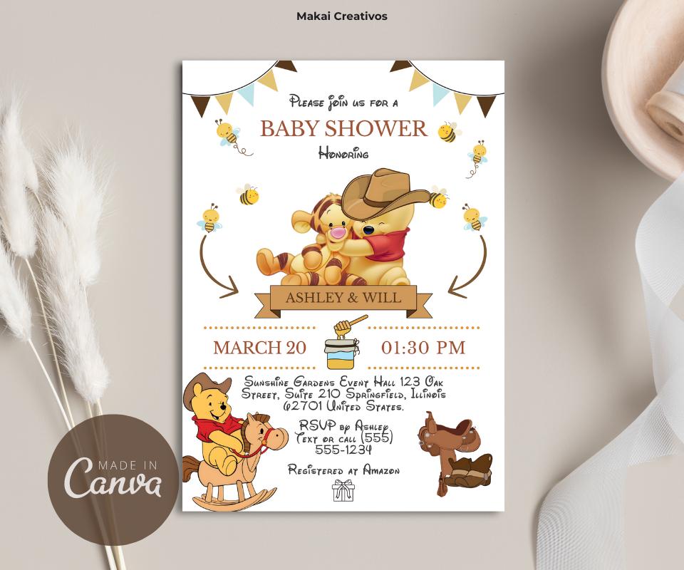 Invitation Editable Cowboy Winnie the Pooh Tigger Baby Shower Invitation Template Yellow with White for Boy and Girl Instant Download