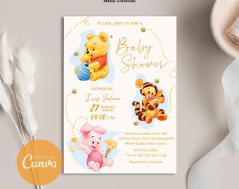 Invitation Editable Winnie the Pooh Baby Shower Invitation Template Yellow with Orange for Boy and Girl Instant Download