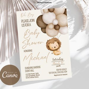 Baby Löwe Ballons Babyparty Einladung - Bearbeitbare druckbare Vorlage, Instant Download, digitale Datei