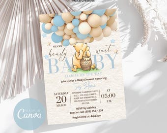 Invitation Editable Winnie the Pooh Baby Shower Invitation Template Yellow with White Instant Download