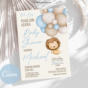Baby Löwe Ballons Babyparty Einladung - Bearbeitbare druckbare Vorlage in Blau, Instant Download, digitale Datei