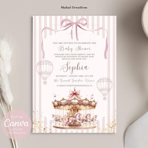 Invitación Baby Shower Carrusel Rosa – Editable en Canva (Descarga Instantánea)