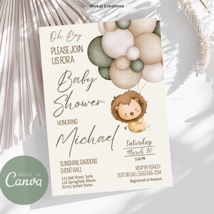 Baby Lion Balloons Baby Shower Invitation - Edytowalny szablon do druku w kolorze zielonym, natychmiastowe pobranie, plik cyfrowy