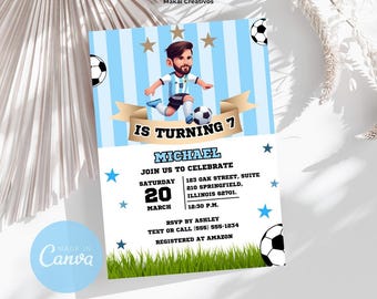 Argentina Soccer Team Messi Birthday Invitation - Editable Printable Template for Boys, Instant Download, Digital File