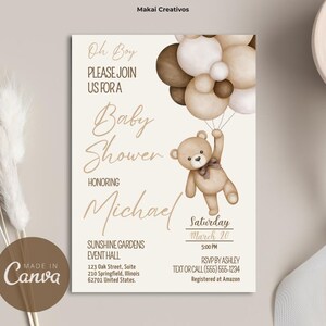 Invitation Editable Teddy Bear and Balloons Baby Shower Invitation Template Instant Download