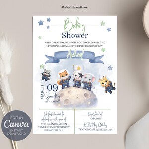 Baby Shower Invitation Boy Space Animals Theme, Astronaut Baby Shower Invite, Cute Space Baby Invitation Editable Template