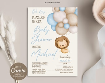 Invito per baby shower a tema leone, tema palloncini (modello modificabile, download immediato)
