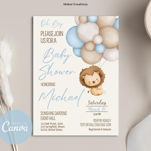 Einladung Bearbeitbare Baby Löwe Luftballons Baby Shower Einladung Vorlage Sofortiger Download