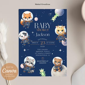 May include: Baby shower invitation featuring cartoon animals in astronaut suits against a dark blue space background. The invitation includes the text "Baby shower Jackson", date, time, and venue details. The invitation is available for instant download.