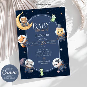 May include: A navy blue baby shower invitation featuring cartoon animals in astronaut suits against a starry background. The invitation includes the text "Baby Shower Jackson" with event details and "Edit in Canva Instant Download."