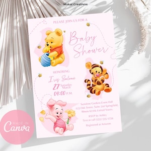 Winnie the Pooh Baby Shower Invitation - Editable Printable Template in Pink for Girls, Instant Download, Digital File