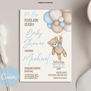 Invitation Editable Teddy Bear and Balloons Baby Shower Invitation Template Instant Download