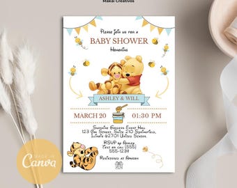 Invitation Editable Winnie the Pooh Tigger Baby Shower Invitation Template Yellow with White for Boy and Girl Instant Download